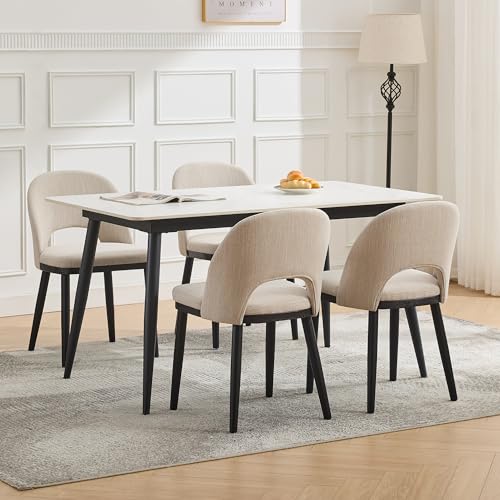 Wooden Dining Chairs Set of 4,Upholstered Kitchen Dining Room Chairs with Curved Backrest and Wood Leg,Modern Fabric Farmhouse Dinner Chair for Restau