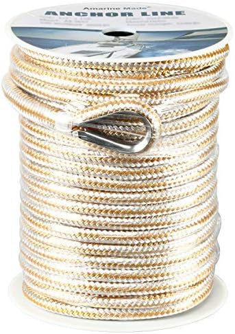 Amarine Made Heavy Duty Double Braid Nylon Anchor Line with Stainless Steel Thimble-White/Gold Color 1/2 inch Thickness 150 ft Length