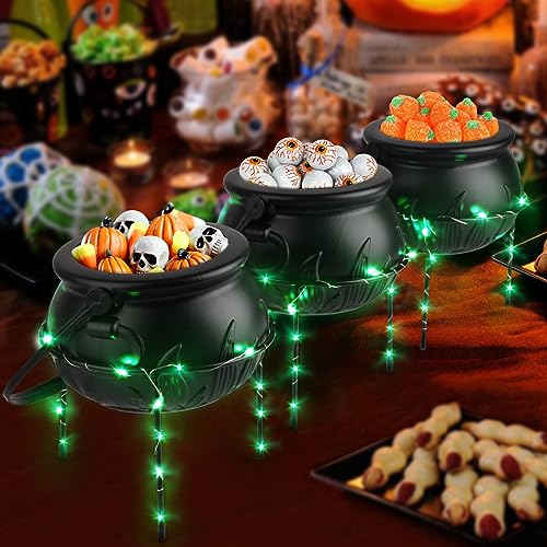 Hooqict Halloween Decor Witches Cauldron Halloween Candy Bowl Serving Dishes Set Of 3 Black Plastic Cauldron With Iron Rack Halloween Cauldron Candy Bucket Punch Bowls For Indoor Outdoor Party Decorations cover