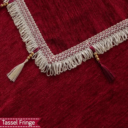 Image of HOKIPO 'Serenity Tassel' Chenille Sofa Arm Cover with Tassels - 1 Pair | Crimson Ruby (IN-893-MRN*2)