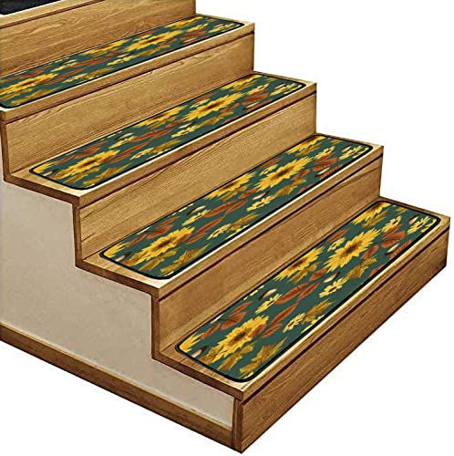 Autumn Sunflowers Teal Maple Leaves Sunflowers Acorns Ditsy Perfect 30''X8'' Non-Slip Self-Adhesive Carpet Stair Treads Runners For Wooden Steps 15Pcs Indoor Outdoor Stair Mat Safety Rug Resistant #TOP3
