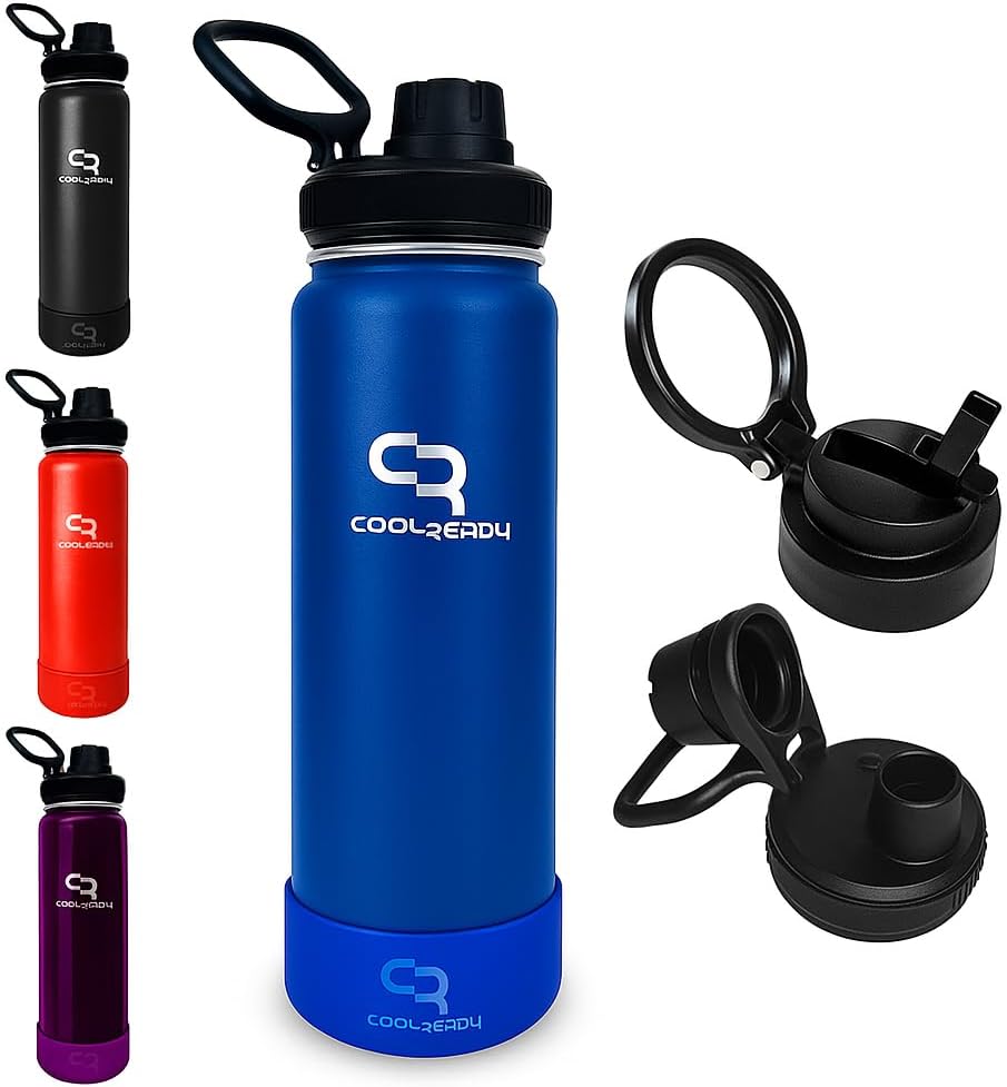 24 oz Blue Insulated Water Bottle with Straw & Spout Lids – Slim Stainless Steel Thermo Flask, Cup Holder Friendly Design, Double Wall Cold 24 H Hot 12 H + Silicone Boot for Travel & Gym