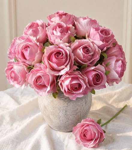 Ivydale 18pcs Pink Roses Artificial Flowers Fake Roses Silk Flowers with Stems Realistic Bouquet for Wedding Party Mothers Day DIY Centerpiece Floral Romantic Gifts