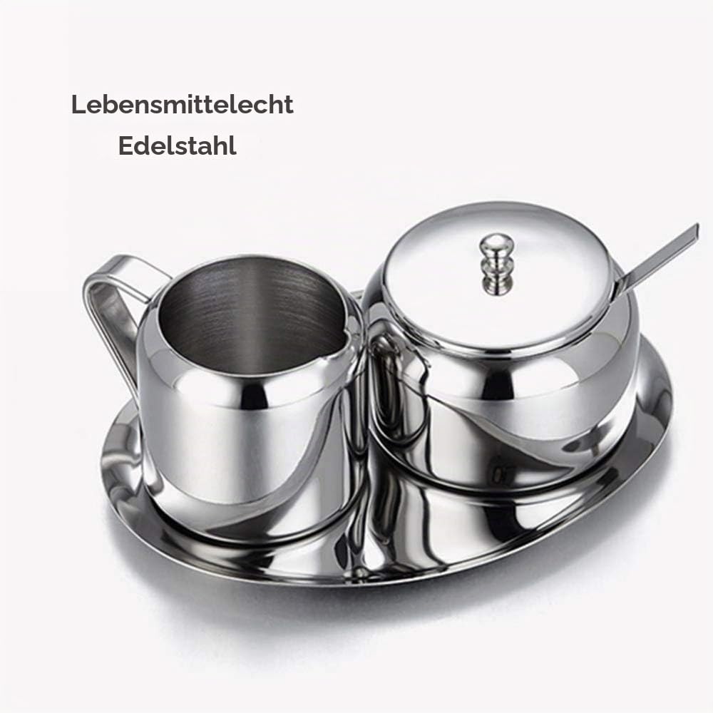 Milch und Zucker Set Edelstahl Zuckerdose Kleine Zuckerdose mit Löffel für Zuhause, Küche, Hotel und Cafés, 3 Teile, Silber
