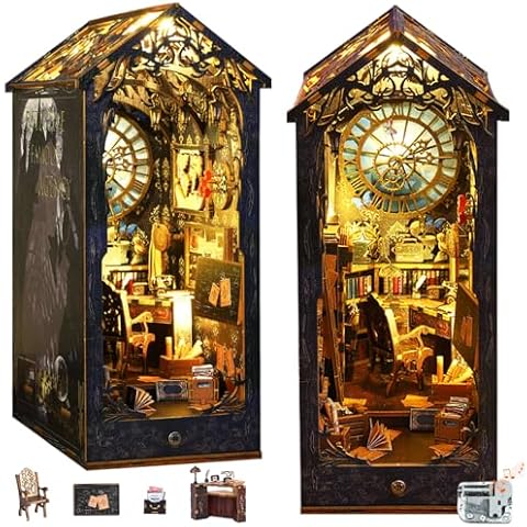 Gtmileo DIY Book Nook Kit, Dollhouse Booknook with Sensor Light & Music Box, 3D Wooden Puzzle Bookends for Adults Teen, Bookshelf Decor, Christmas Gifts for Book Lovers(Detective Famous Agency) Cover