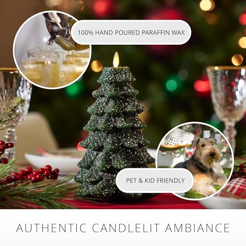 Image of Luminara Christmas Tree Flameless LED Candle, Dark Green 5.35 inch x 8.5 inch, Moving Flame Battery Operated Timer, Holiday Decor, Glitter Snow Finish Safe