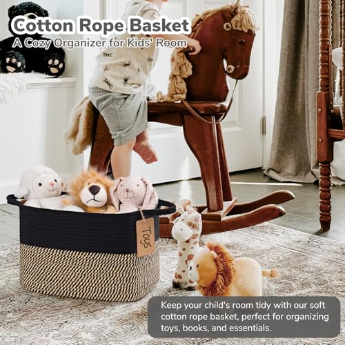 Image of Goodpick Woven Storage Basket for Shelves, Rectangle, Black & Jute | 13 inch x 10 inch x 9 inch Stylish Gift Basket for Home Decor, Wicker Baskets for Shoes, Toys & Books Storage, Reinforced Handles
