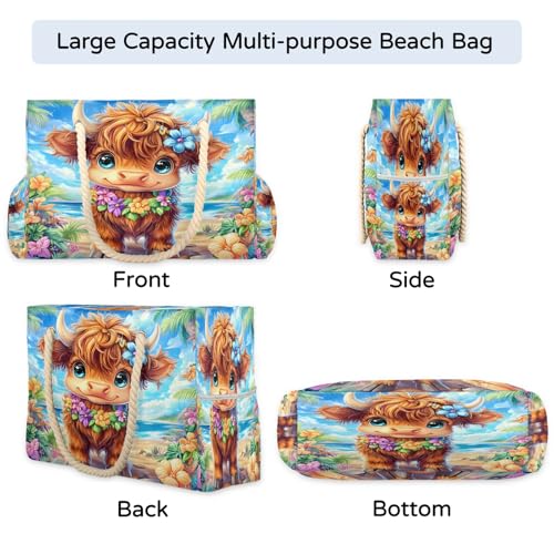Cute Highland Cow Large Tote Beach Bags for Women with Zipper Watercolor Floral Waterproof Sandproof Gym Swim Pool Grocery Travel Bag4