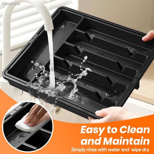 Image of Aliensware Expandable Slider Kitchen Drawer Organizer, BPA Free Utensil, Adjustable Flatware & Cutlery Holder /Divider Tray for Spoons Forks, Knives Tableware Storage-13-22.4 X15X2 inch(8-Slots /Black)