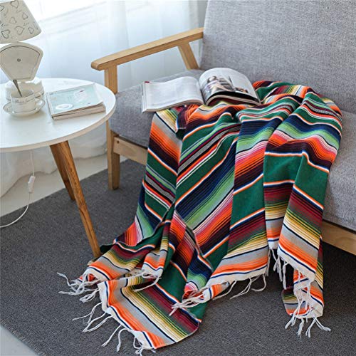 Jqz Mexican Serape Blanket With Tassel Bright Colorful Stripe Rainbow Throw Blanket Yoga Beach Blanket Tablecloth Sofa Cover(Green, 60" X 82") #TOP2