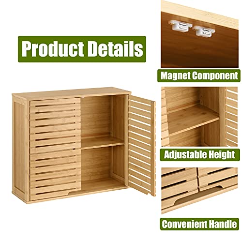 HYNAWIN Bamboo 2 Tier Bathroom Wall Cabinet with Adjustable Shelf, Double Door Cabinet for Bathroom, Living Room (20.28'' Height) - Thumbnail 3