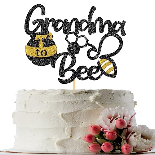Grandma to Bee Cake Topper, Bumble Bee Themed Baby Shower Party Supplies, New Grandma, Welcome Baby Party Decoration Supplies, Black Glitter