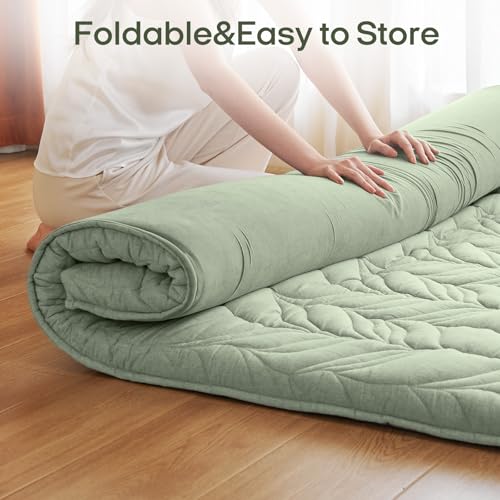 Image of ZonLi Japanese Floor Mattress Futon Mattress King Size, 4 inch Thicken Roll Up Tatami Mat 100% Cotton Washable Cover, Portable & Foldable Floor Bed Mattress for Sleeping, Dormitory, Adult, Green