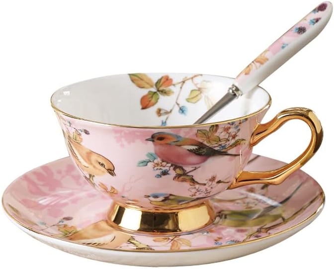 Pink Bird - Juego de tazas de té de porcelana con platillo y cuchara, 7 onzas, tazas de capuchino y café con leche, regalo para el día de la madre