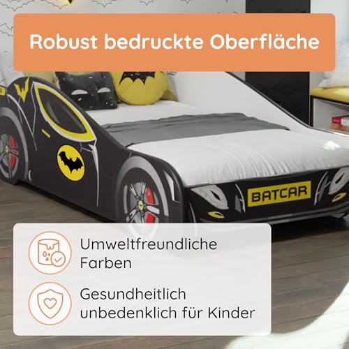 Kids Collective Autobett 70x140 cm Kinderbett Jugendbett mit Rausfallschutz | Kinder Spielbett Batman Batmobil Bat Car Auto Bett in schwarz optional mit Matratze | von Geburt bis 6. Lebensjahr