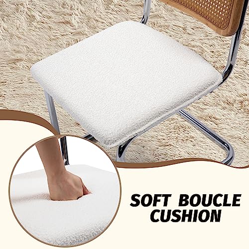 KROFEM Modern Cesca Cane Dining Chairs, Set of 2, Handwoven Rattan Cane Back, Chrome Base, Upholstered Boucle Seat, Ideal for Kitchen or Dining Room, White - Thumbnail 6