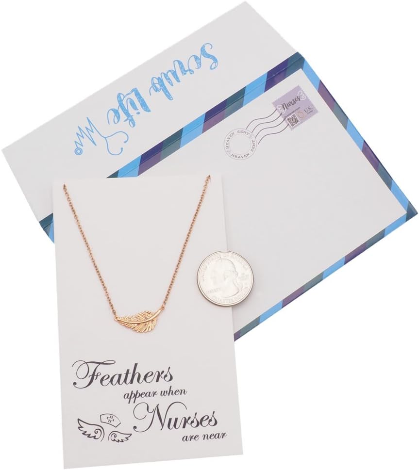 quan jewelry Nurse Boho Feather Pendant Necklace with Greeting Card, Token of Appreciation Handmade Fashion Jewelry Graduation Gifts for Nurses, Adjustable Chain 16" to 18" (Rose Gold-Tone)