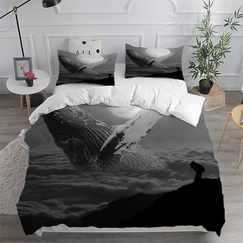 Housse de couette 220x240 cm Blue Baleine microfibre lit adulte 3 pièces sauvage - 6