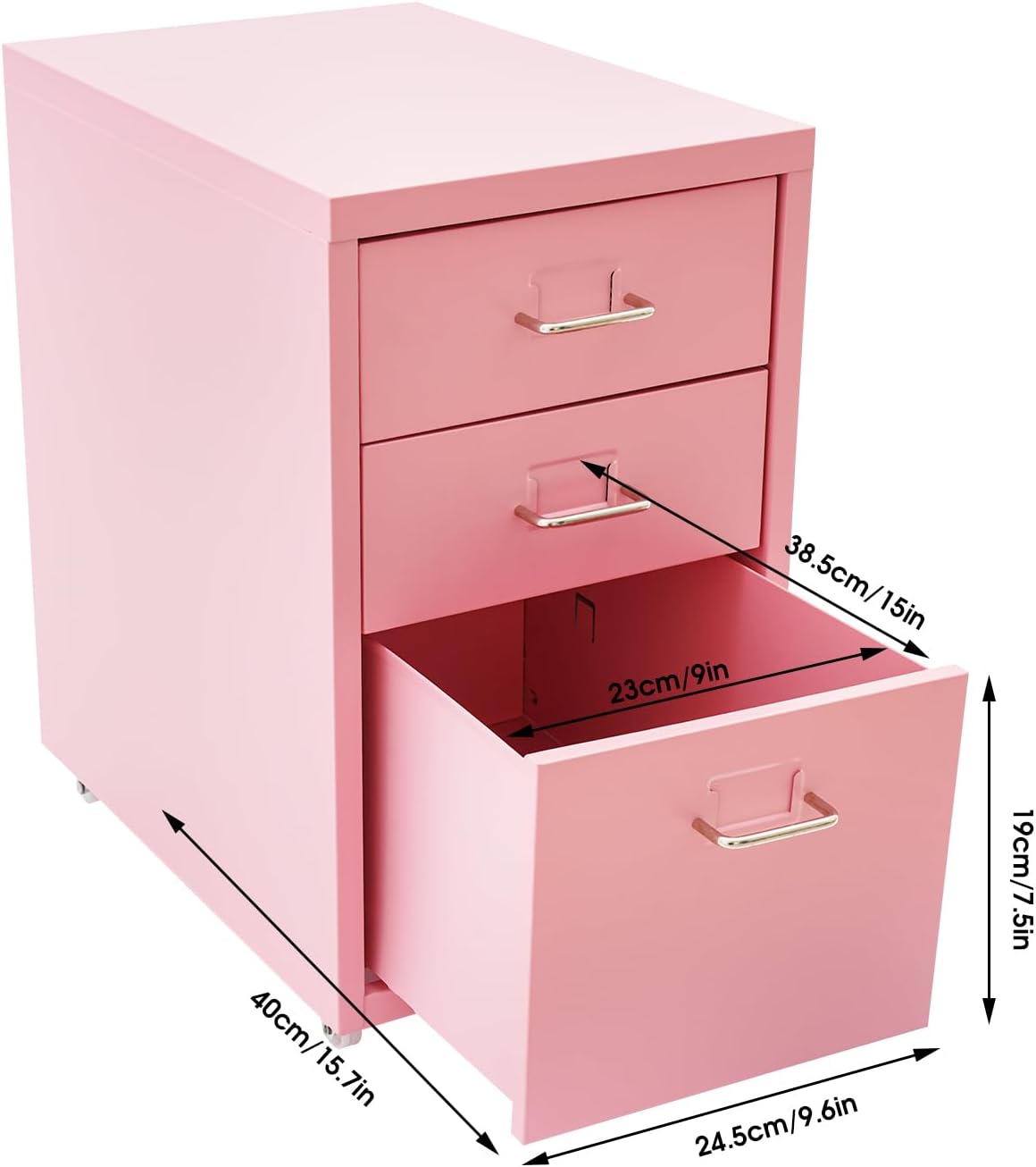 Vertical File Cabinet, Lateral 3 Drawer File Cabinets with Lock, Filing Cabinet Under Desk, Metal Filing Storage Vertical Cabinets with 4 Movable Wheels(Pink)