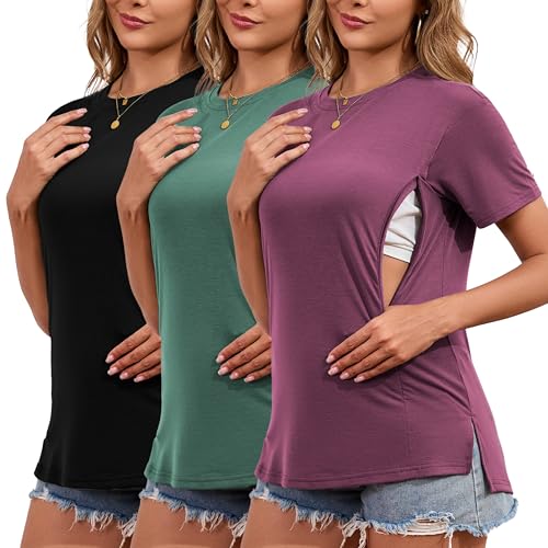 Image of Liu & Qu Breastfeeding Shirts for Women 3 Pack Hidden Zipper Nursing Tops Side Split Postpartum Clothes