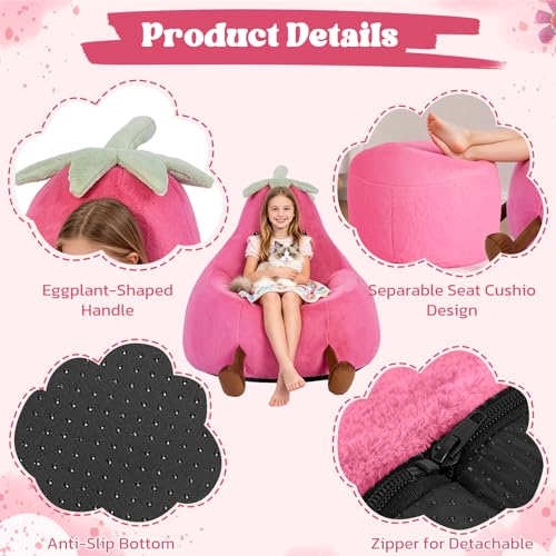 Image of 2FT Memory Foam Bean Bag Chair - Ultra Soft Faux Rabbit Fur Round Sofa with Handle & Machine Washable Cover, Comfy Lazy Chair for Kids Teens, Perfect for Reading Gaming in Living Room Bedroom,Magenta