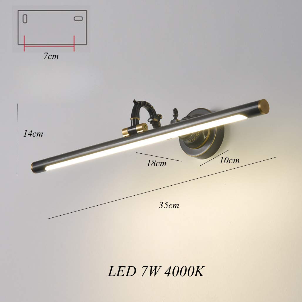 LED Lampada da Specchio Bagno, 7W 630lm Lampada da Bagno Ottone Vintage, Lampada da Parete a LED 4000K IP44 Luce Specchio Bagno, 240° Regolabile Luce per Trucco, Anti Ruggine, 35cm,Nero