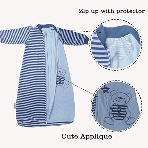 Baby Sleep Sack - Large Cotton Velvet Wearable Blanket With Long Sleeves And Arms Toddler Bag, 4 Seasons, 18-36 Months, Tog 2.0 Warm, Boy Blue | Spacious Bottom For Moving Free |Perfect For Kids 3T-5T #TOP5