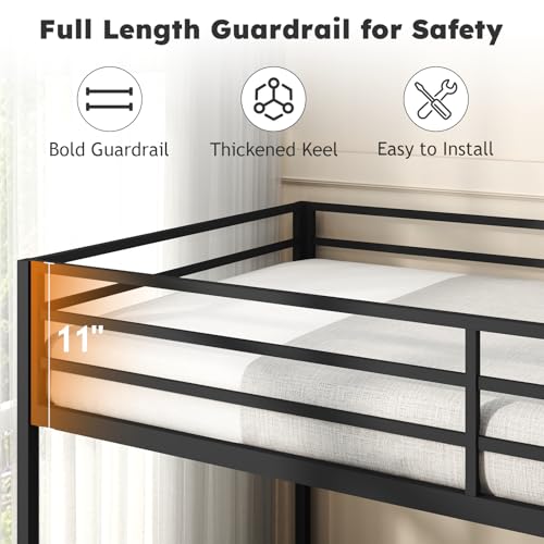 Twin Over Twin Bunk Bed, Metal Low Profile Bunkbeds with Full-Length Guardrail and Ladder, Space Saving, No Boxing Spring Needed, Black - Image 4