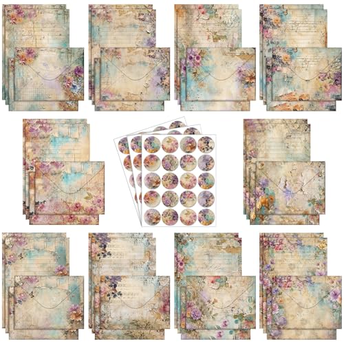Image of TaoBary 160 Pcs Stationery Paper Kit 50 Double Sided Stationery Papers with 50 Matching Envelopes and 60 Round Dot Sticker, 10 Design (vintage Floral, 8.25 x 5.5 Inch)