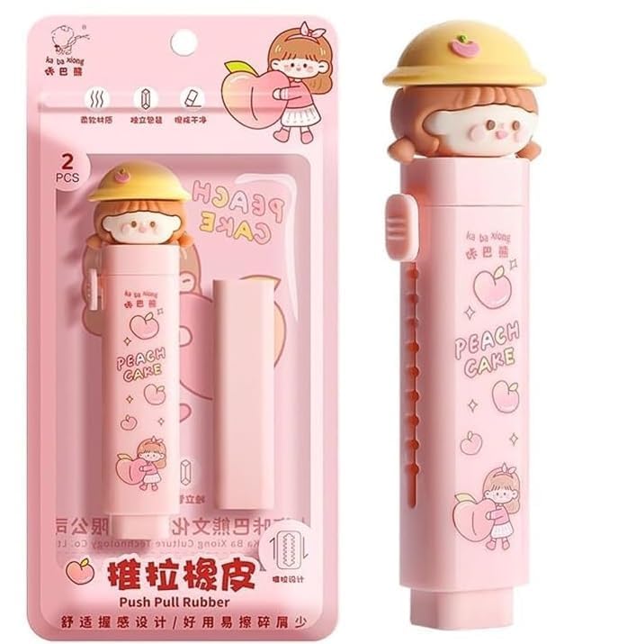 Image of Kawaii Cute Sweet Pink Pencil Pouch with Peach Cake Push Pull Eraser Set for Girls Cartoon Plush Stationery Combo for School & Office Use Adorable Zipper Pen Case Creative Eraser