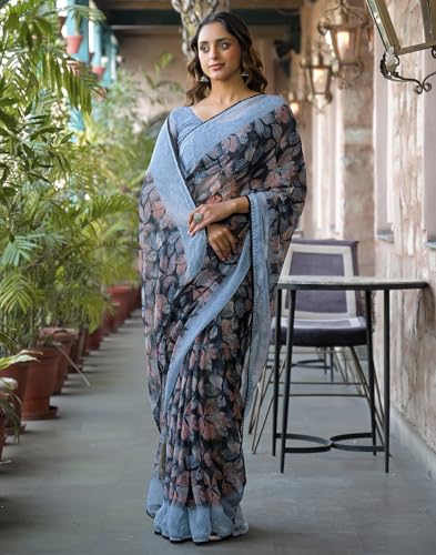 Image of SIRIL Women's Chiffon Printed Saree with Unstitched Blouse Piece