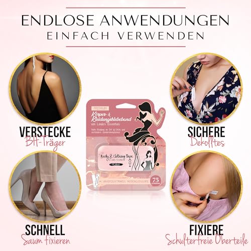 Linda's Essentials Fashion Tape doppelseitiges Klebeband Kleidung, transparentes Body Tape doppelseitg, geeignet für alle Stoffarten und empfindliche Haut, selbstklebend mit starkem Halt, 75 Stück