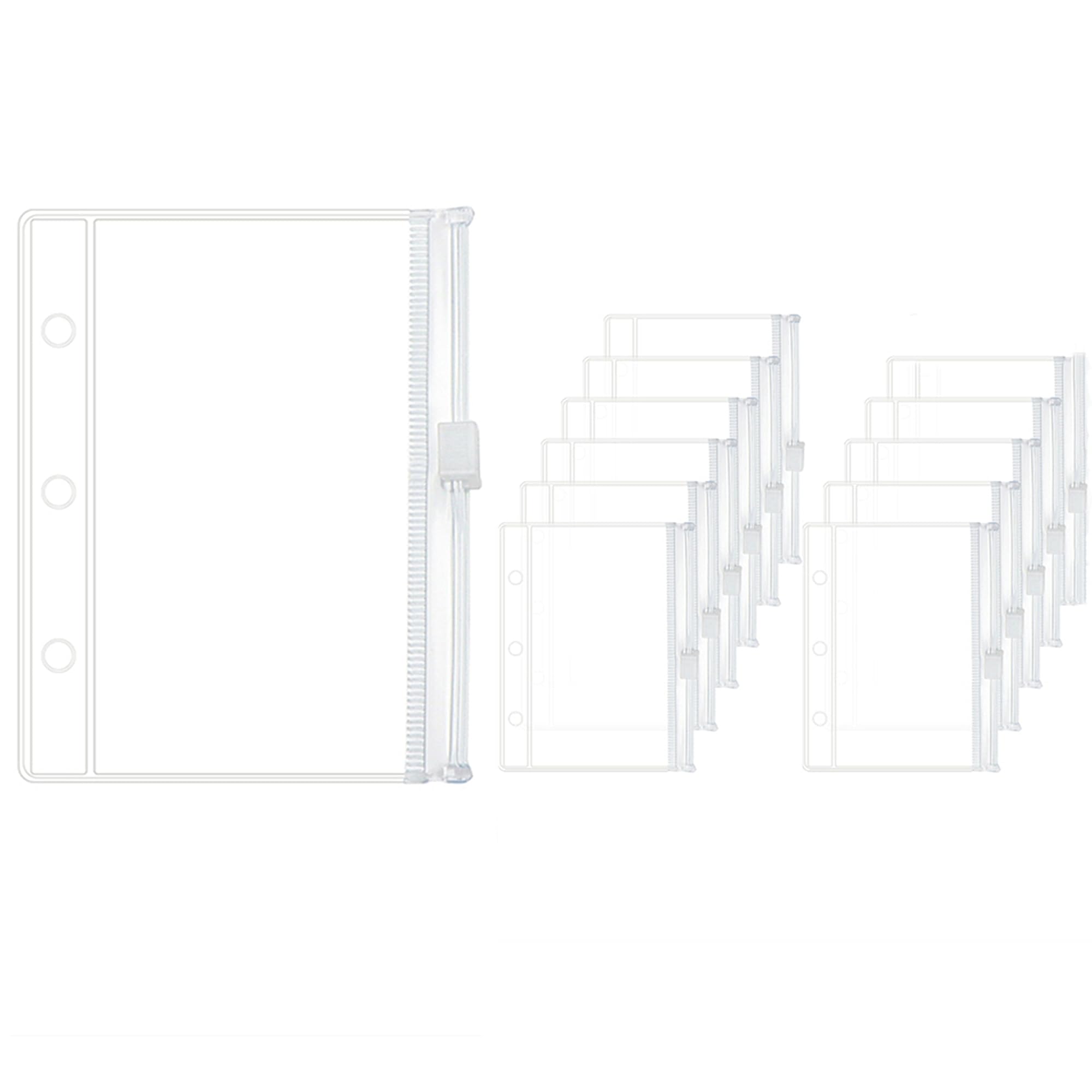 12pcs Mini Binder Pockets, Transparent PVC Zipper Binder Pouches, Loose Leaf 3 Holes Cash Budget Envelopes for Protectors Organize Photos, Cards,