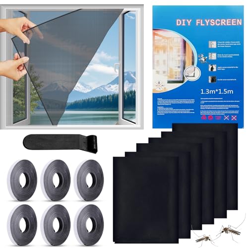 STFYUG 6 Stück Fliegengitter Fenster, Insektenschutz Fenster, Moskitonetz Fenster, Fliegennetz Fenster, Mückenschutz Fenster mit Klettband Selbstklebend, Moskitonetze für Fenster und Türen