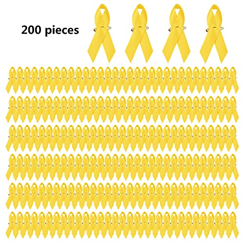 Image of 200 Pieces Yellow Satin Awareness Ribbons with Safety Pins for International Childhood Cancer Day 1.4 x 3 inch