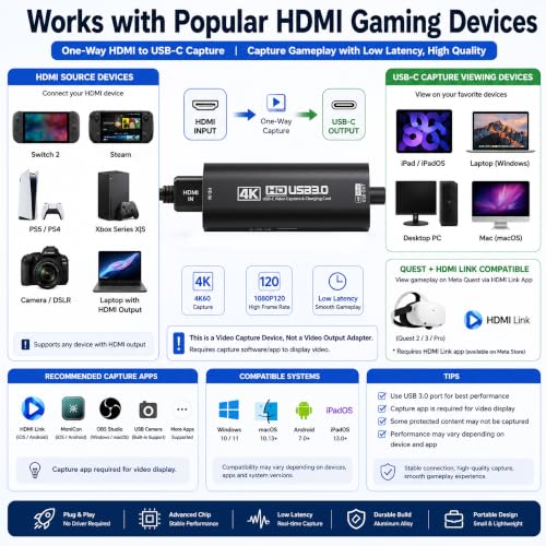 Image of Guermok 4K USB 3.0 HDMI Capture Card for Streaming with PD 100W, 4K@60FPS | 2K@120FPS HDMI to USB C /A Capture Card for Streaming, Works with Pad, Tablet, MacOS, Switch2 /1, Laptop, PC, Camera, VR, Black