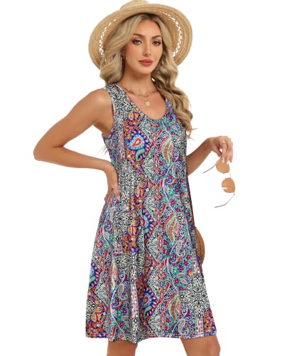 Image of elescat Womens Summer Dresses Casual V Neck Sleeveless Pockets Beach Loose Tank Sundress 2026