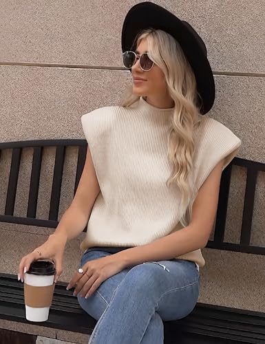 Image of Himosyber Women's Solid Sleeveless Vest Elegant High Neck Stretchable Cap Sleeve Knit Sweater Tops