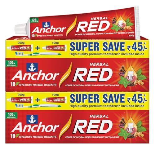 Image of Anchor Herbal Red Ayurvedic Toothpaste 300g (200g+100g) Pack of 2 + Free Toothbrush | 6 Natural Ingredients | Healthy Gums, Plaque Protection & Fresh Breath | 100% Vegetarian