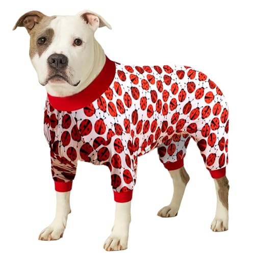 LovinPet Hondenpyjama kleding voor middelgrote honden - hondenpyjama, slim fit, lichtgewicht pullover pyjama's, volledige dekking hondenpyjama's, rode lieveheersbeestjesprints, volledige dekking grote
