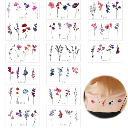 YIIWONI 15 Hojas Tatuajes Temporales Adultos, Acuarela Lavanda Flores Tatoos Temporales Adultos, Tatuajes Temporales de Flores, Impermeables Tatuaje Falso Pequeño, Para Mujeres y Niñas Adulta