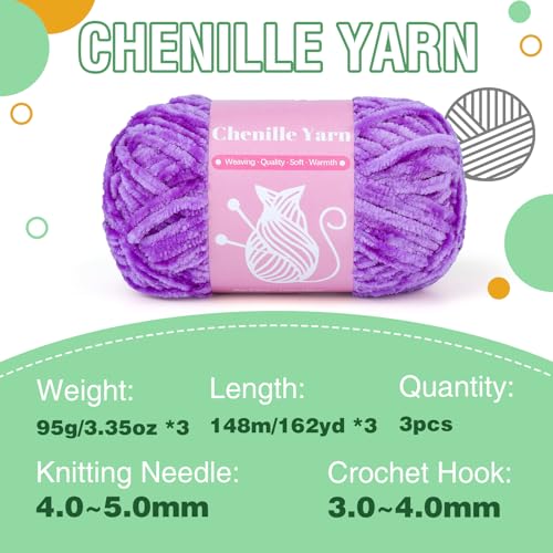 Image of LUNARM Chenille Yarn for Crochet Knitting Chunky Blanket Velvet Yarn | 3 Pack 3.5oz /100g 486 Yard Light Purple Chenille Yarn for Beginners Knitting Scarves with Big Eye Needles Machine Washable