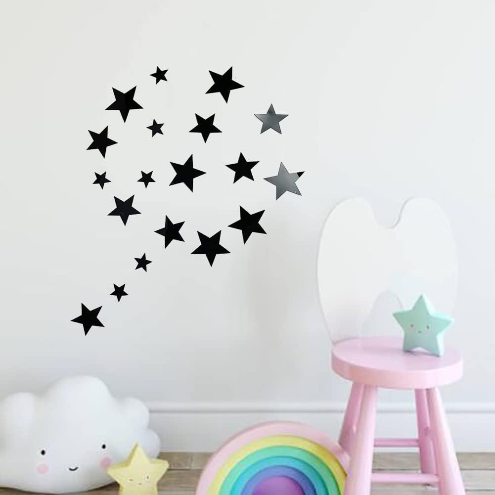 40Pcs Silver Stars Acrylic Mirror Wall Stickers with Adhesive Art Decal Satin Paper Baby Kids Bedroom Home DIY Decor Removable Stickers (Silver Stars)