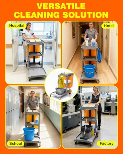 PYY Cleaning Carts On Wheels - Janitorial Cart w/ 3-Shelf & 2 Bins, Smooth Swivel Caster, 65L Collection Bag, 300LBS Load Capacity, Sturdy Cleaning Cart for Housekeeping, Janatorial Cleaning (Gray) - Thumbnail 7