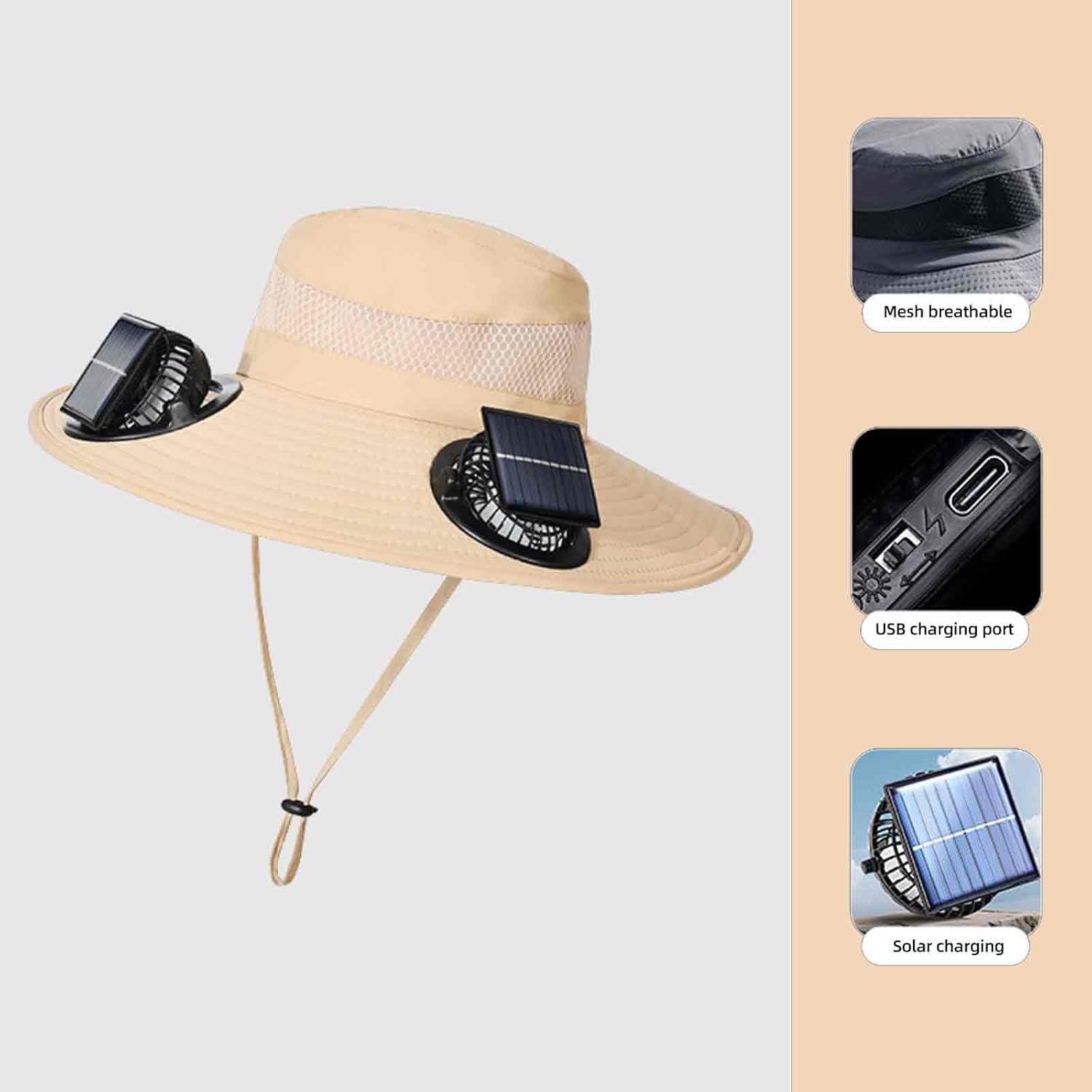 広いつばサンハット ソーラーファン2個付き アウトドア フィッシングハット 男性用 ソーラーパワーファンハット 調整可能 180度回