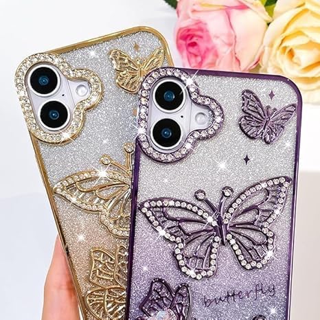 Image of VONZEE Electroplated Butterfly Case Compatible with iPhone 16 Plus, Pearlescent Diamond Sparkle Soft TPU Cover, Shockproof Drop Protection, Camera Lens Guard Stylish Phone Case for Women & Girls, Pink