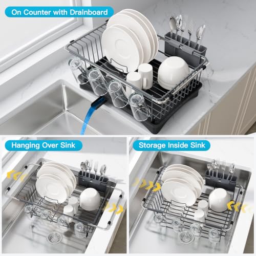 Image of JASIWAY Gray Dish Drying Rack in Sink with Drainboard and Utensil Holder