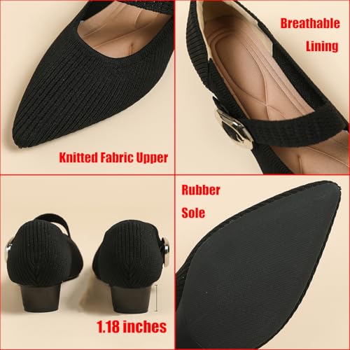 Women's Knit Low Chunky Block Heel Mary Jane Pumps with Adjust Metal Buckle Strap Fashion Closed Pointed Toe Shallow Mouth Slip On Heels Comfortable Casual Business Dress Shoes2