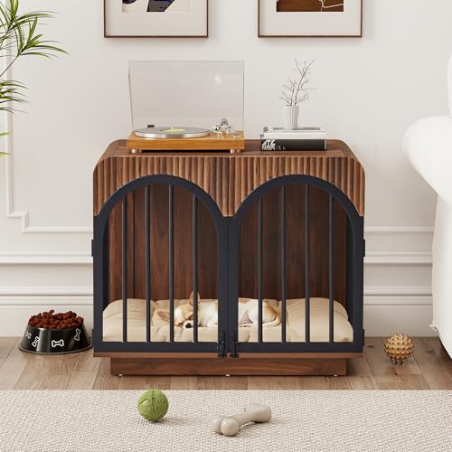 31.5" Fluted Wooden Dog Crate Furniture, Mid-Century Modern Indoor Dog Kennel Dogs Cage for Small/Medium Dogs, Heavy Duty Dog Crates Decorative Pet House for Living Room, Walnut - Image 7