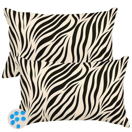 Housse Coussin 40x60 cm Lot de 2 Extérieur Imperméable Housse de Coussin Rétro Taie D'Oreiller Decoratif Rayures Zébrées Housses Coussins Exterieures pour...